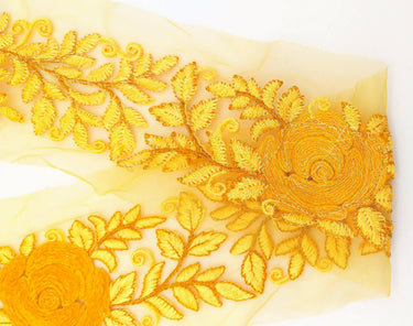 Orange Yellow Soft Net Fabric Lace Trim with Floral Embroidery, Lace Trim, Sari Border